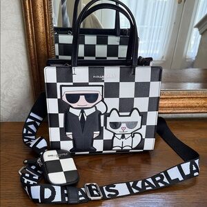 New Karl Lagerfeld Black and White Checkered Bag w/Iconic  Design. Handle/strap.